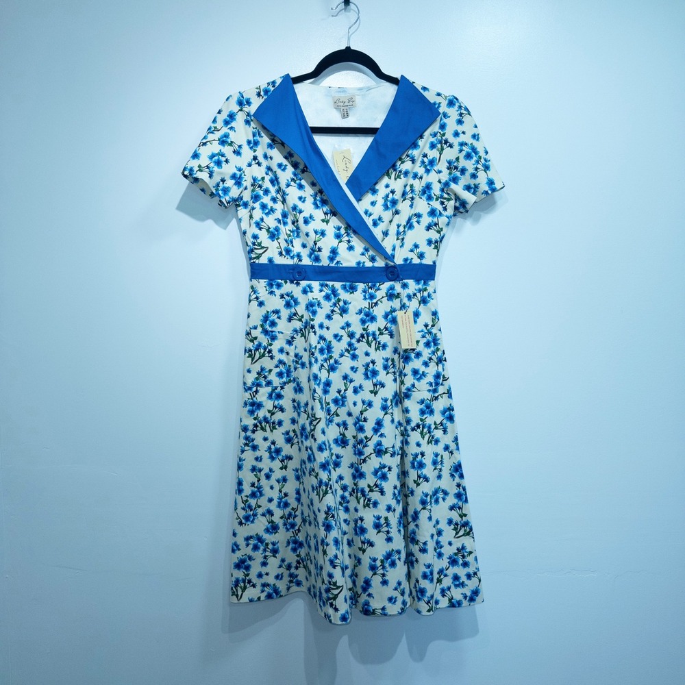 Lindy Bop Blue Blossom Floral Lorraine Tea Midi Dress Medium NWT